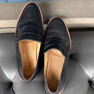 Naturalizer Navy Suede Penny Loafers with Brown Trim